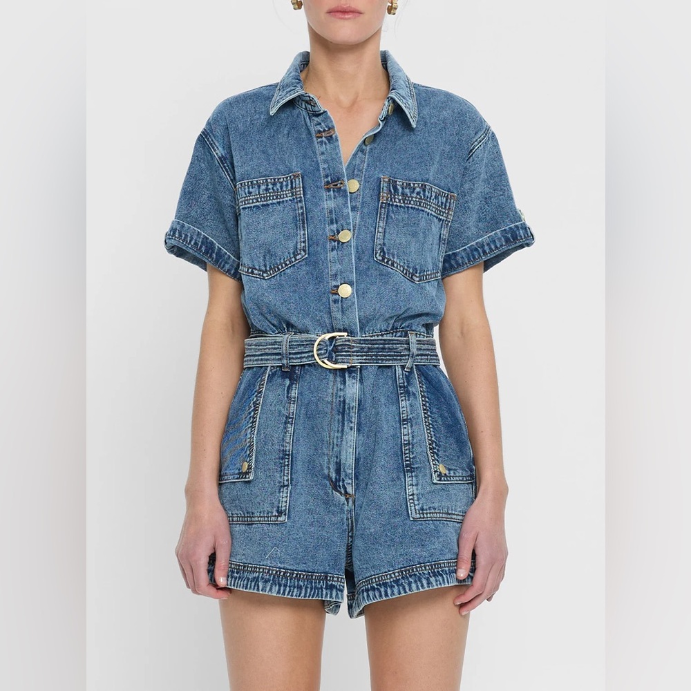 Kivari Blue Denim Short Sleeve Belted Romper
